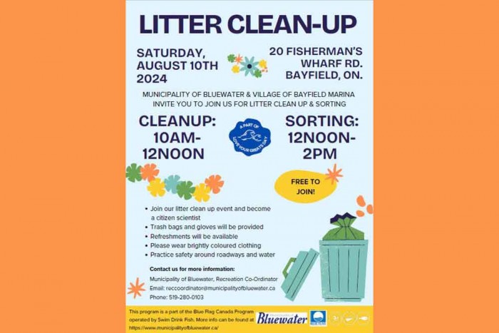 A poster for August 10, 2024 Litter Clean-up in Bayfield.