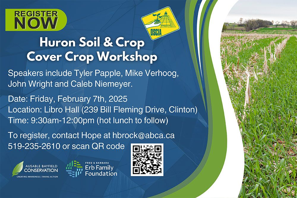 A poster with February 7, 2025 date for cover crop workshop.